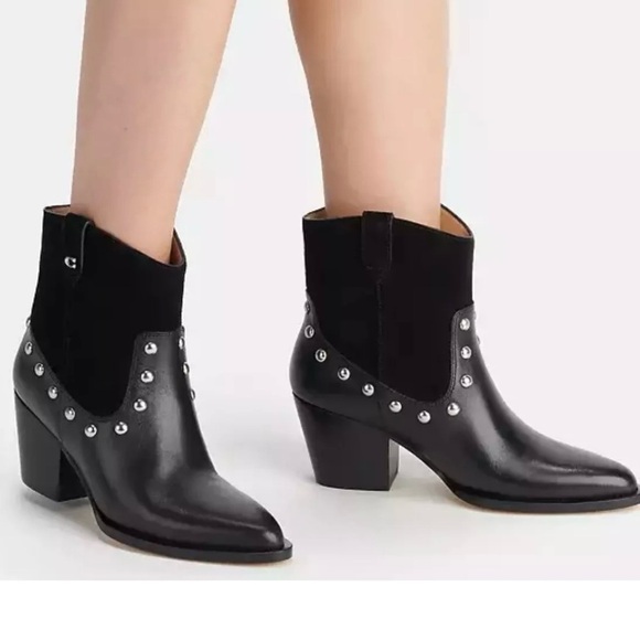 COACH Pauline Leather Suede Bootie Black 9.5 B Womens studded western ankle boot - Picture 2 of 7